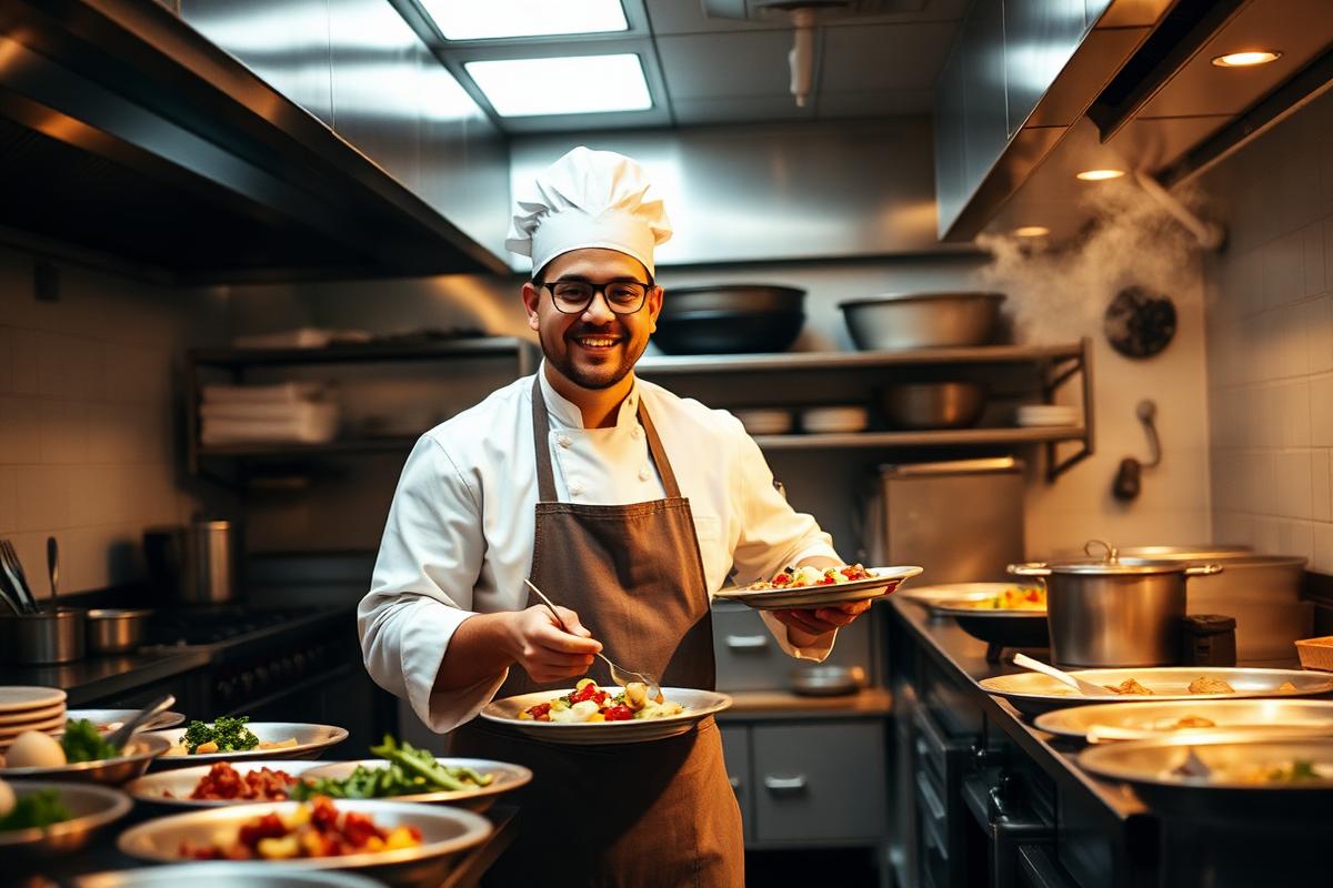 Restaurant kitchen worker plating food