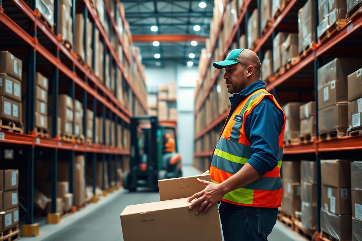 Warehouse associate moving boxes in a distribution center
