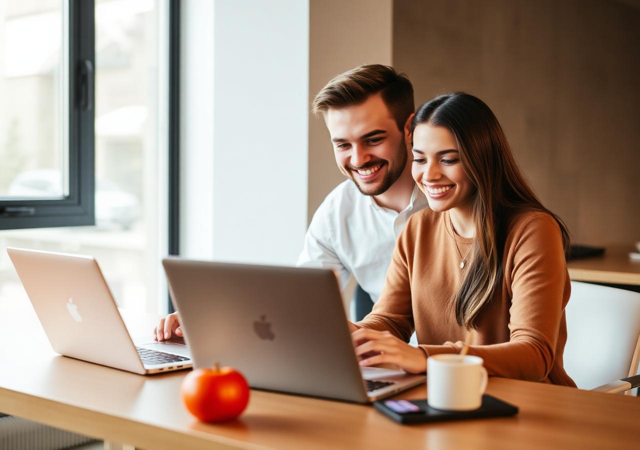 Couple happily completing their EB-3 registration on a laptop