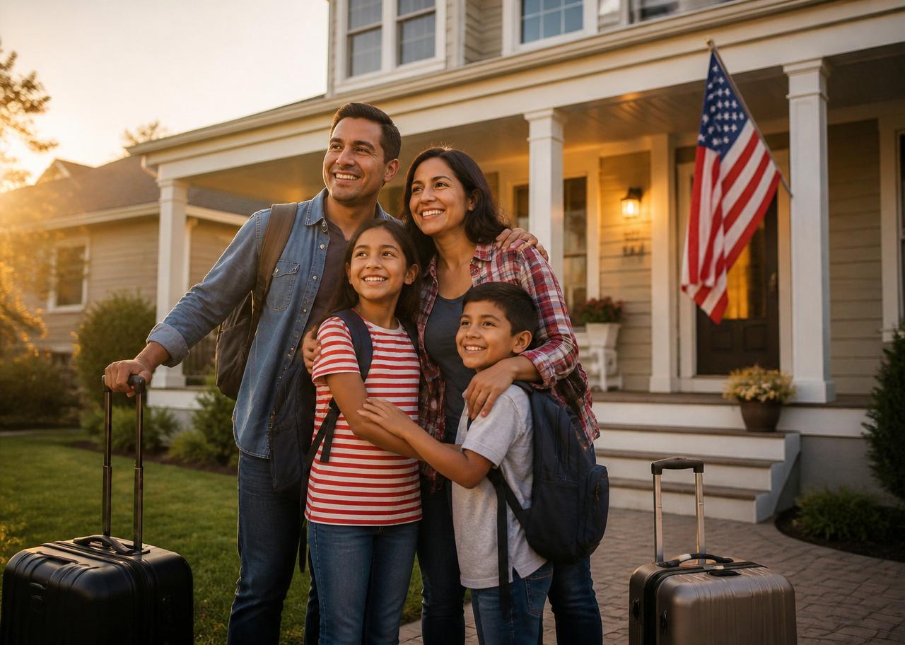 Happy family in front of their new American home